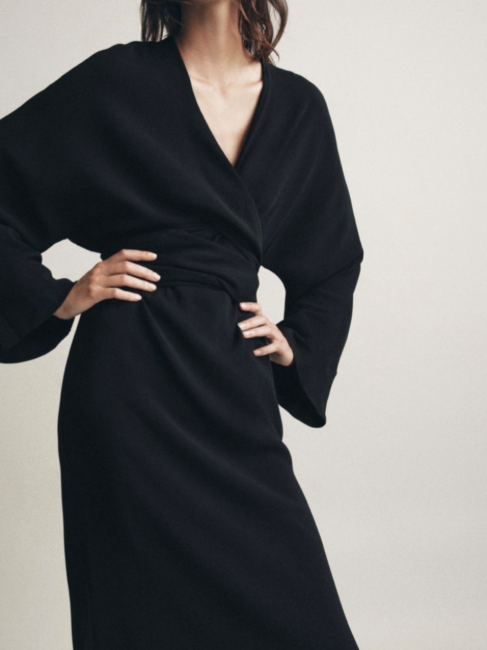 Zara Ribbon Midi Dress Deep V-Neck A-Line Long Sleeve - Picture 5 of 14